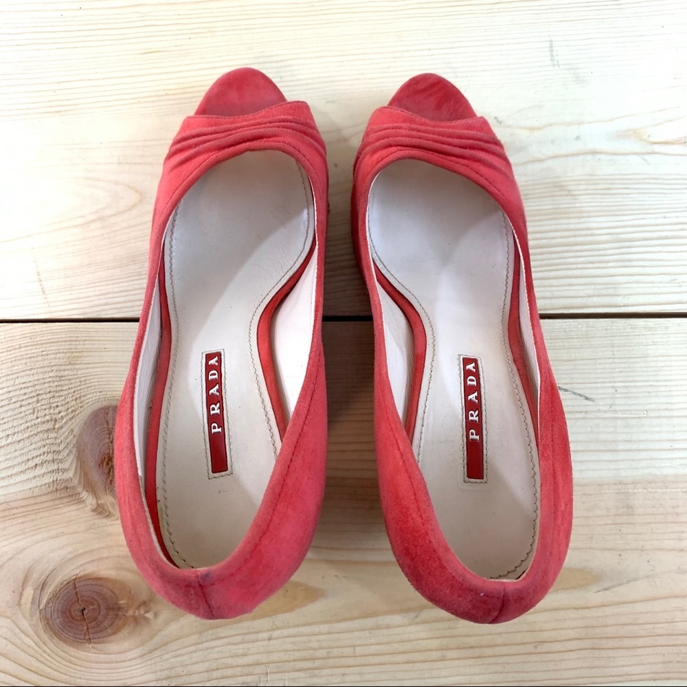 Prada Suede Open Toe Cork Wedge Pumps shoes 38 - Picture 7 of 16